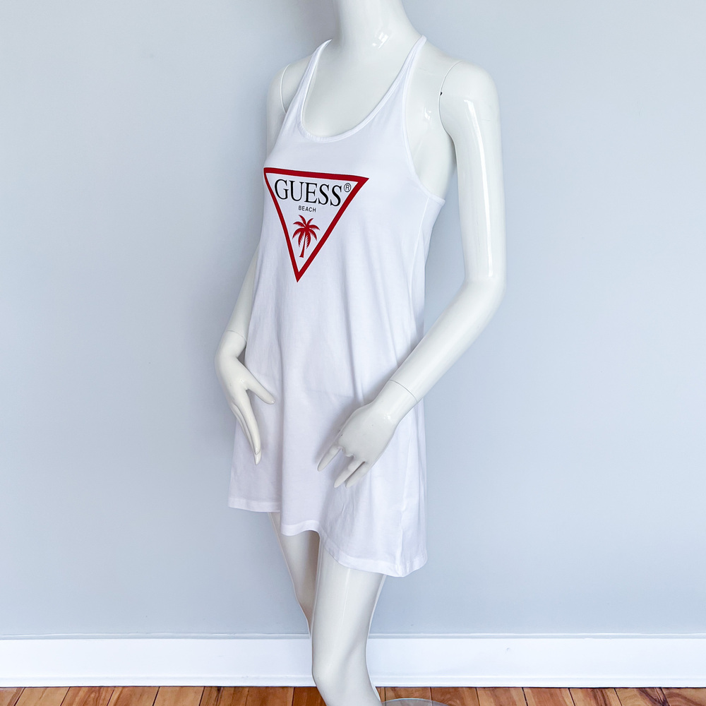 GUESS Beach White Tank Mini Dress Logo M 100% Cotton Swim Coverup